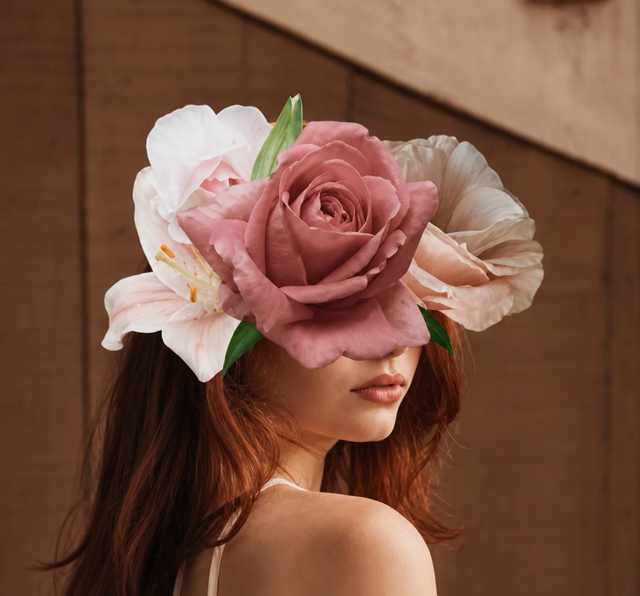 Bare Petals portrait surrounded by flowers